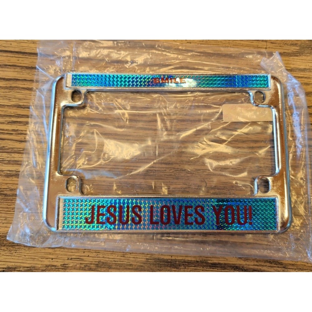 Smile Jesus Loves You Metal Motorcycle License Plate Frame Chrome Tag Cover